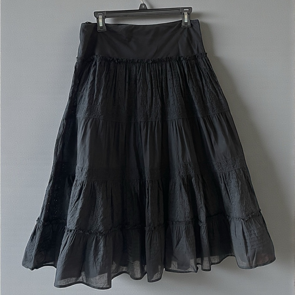 Black Midi Tiered Cotton Skirt - Women's